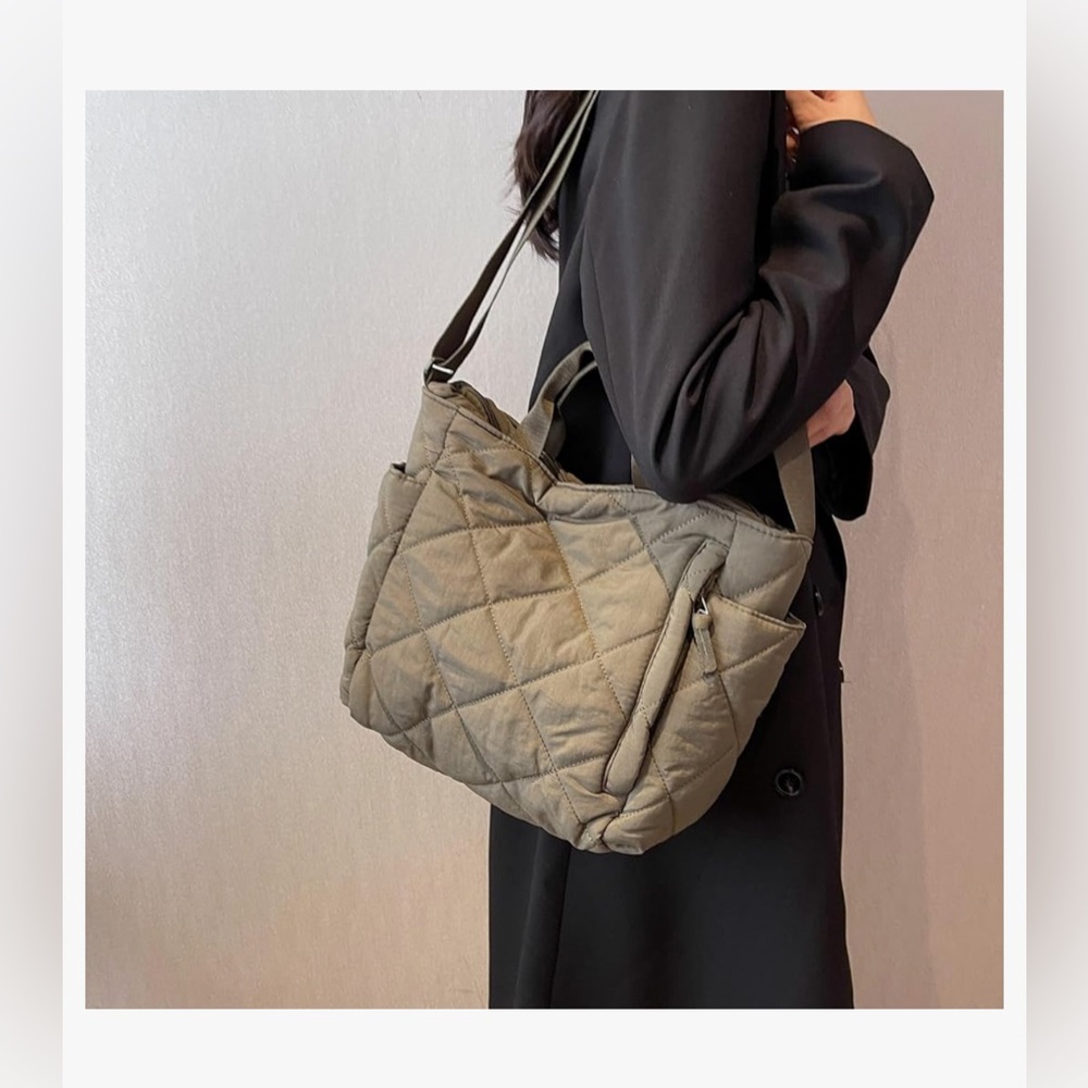 Quilted Olive Green Tote Bag - Lightweight Shoulder & Hand Carry - Picture 4 of 6